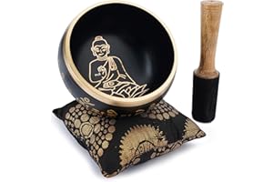 Ajuny Tibetan Singing Bowl Set - Handcrafted Buddha Carving Meditation Brass Sound Bowl Black 4 Inch Diameter with Stick and Cushion for Yoga, Chakra Healing, Mindfulness and Stress Relief Bowl