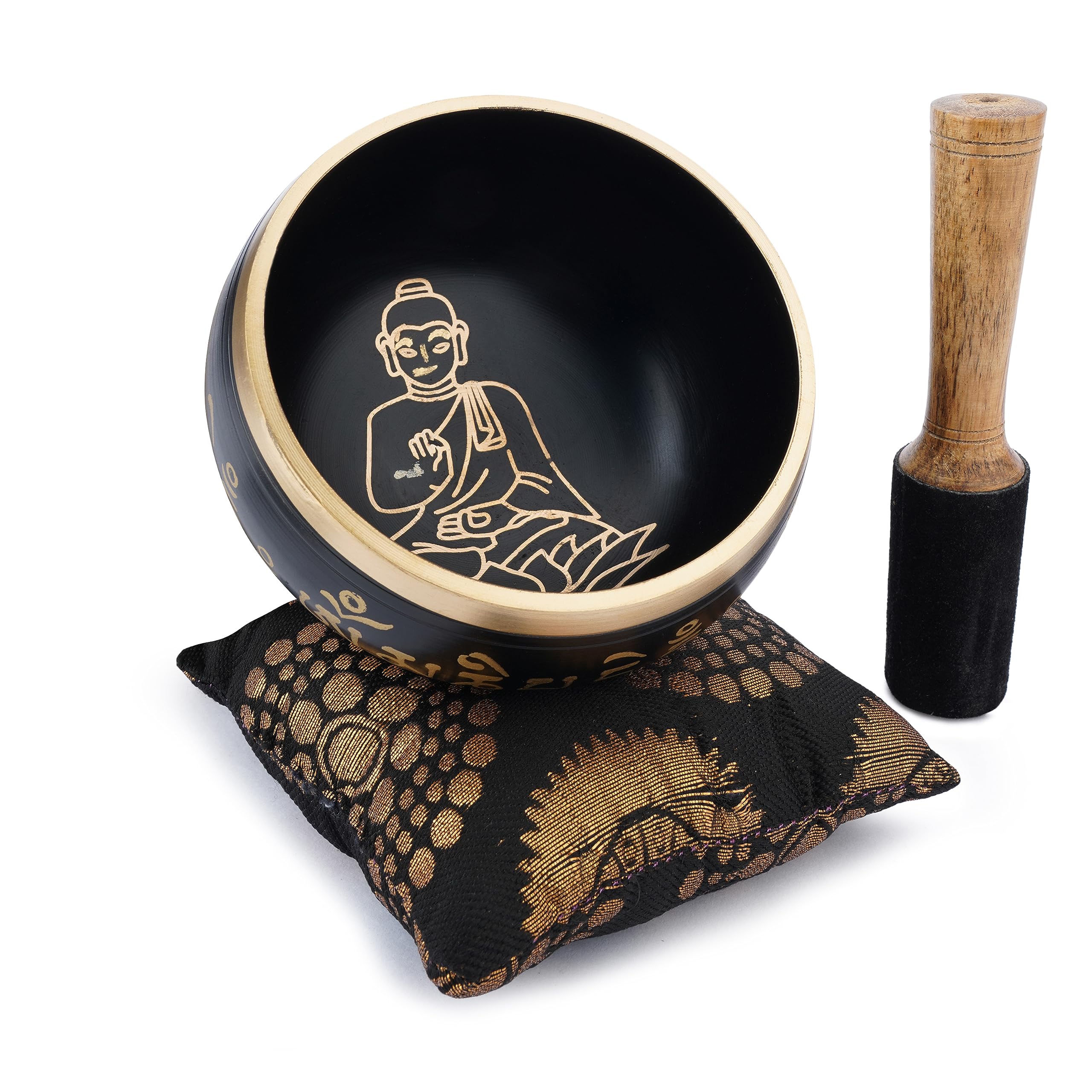 Ajuny Tibetan Singing Bowl Set Handmade Brass Sound Bowl with Mallet & Cushion Buddha Lotus Design Meditation Yoga Mindfulness & Chakra Healing Therapy Stress Relief Gift (Black, 4 In)