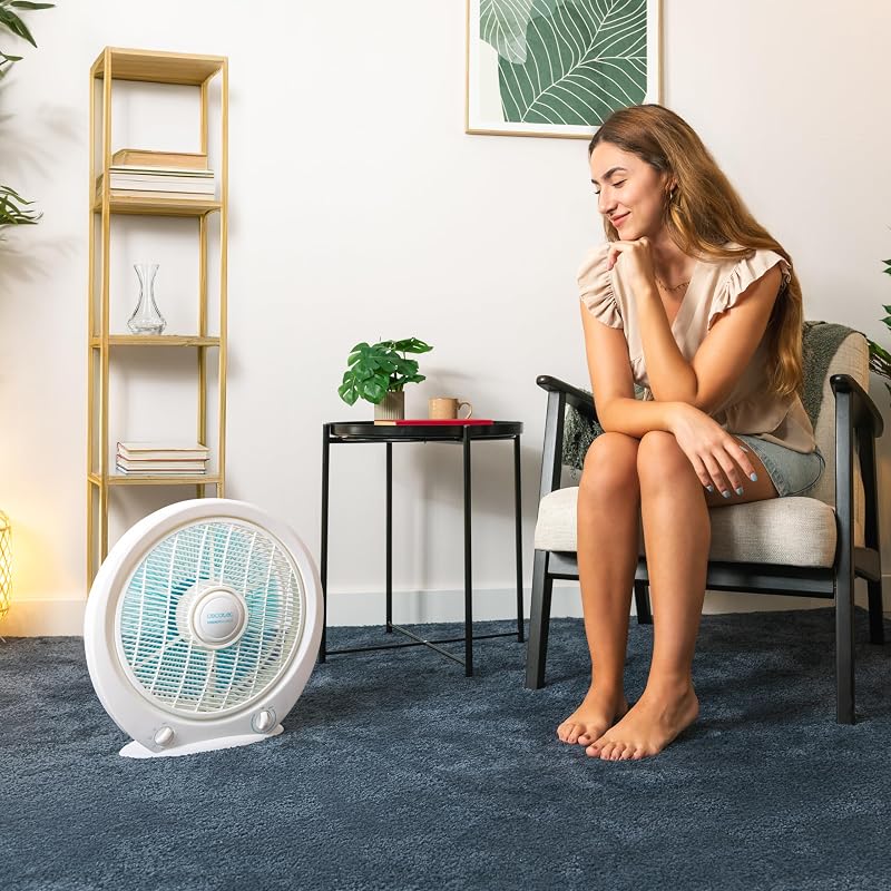 Caixa de ventilação quadrada de chão 4500, caixa de potência, 45 W, 12 polegadas de diâmetro, 5 pás, 3 velocidades, temporizador de 1h, grelha rotativa e segurança máxima, branca, redonda