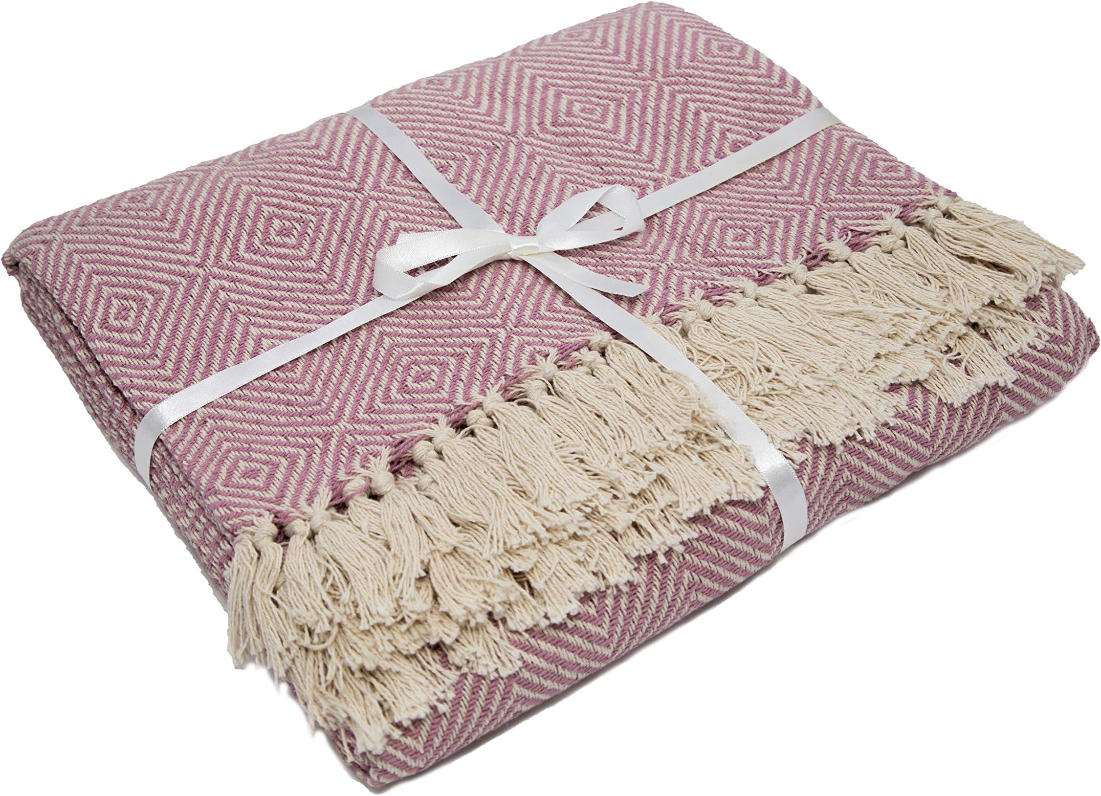 KHRIS COLLECTION 100% Cotton Throw Blanket with Tassels - Use Indoor and Outdoor, as Picnic Blanket, or Camping Blanket, All Seasons Woven Throw Blankets Ultra Cosy for Adults and Kids (Pink)