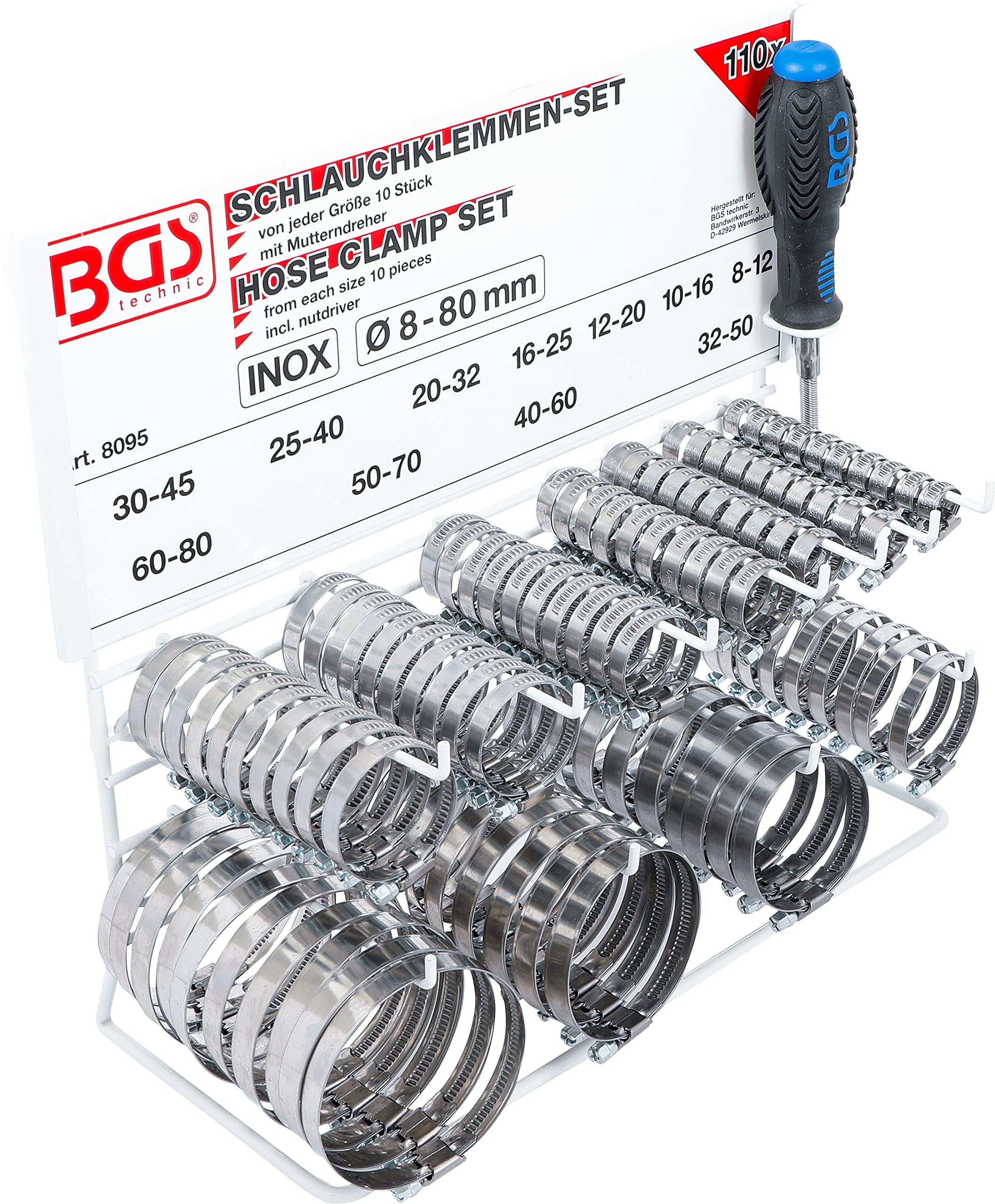 BGS 8095 | Hose Clamp Set | Stainless | on Display Board | 111 pcs.