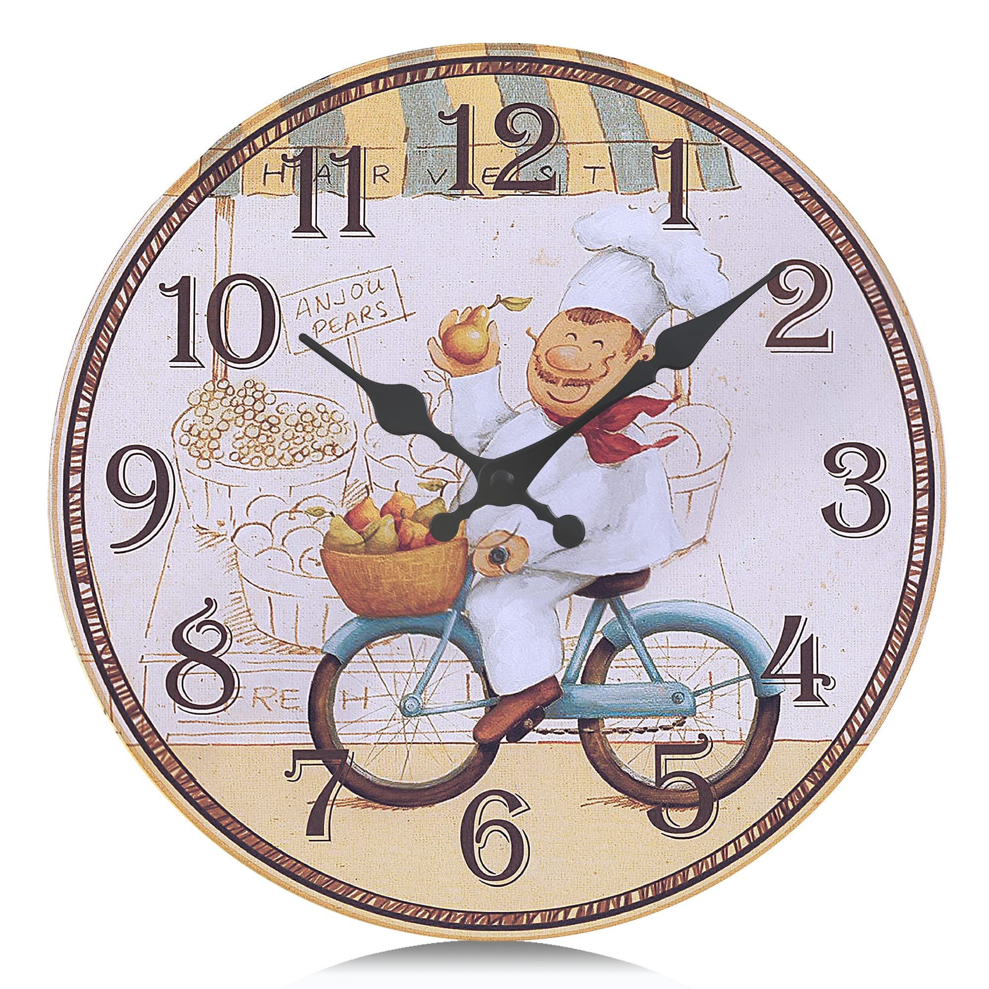 Lafocuse 12 Inch Silent Yellow Kitchen Wall Clock Chef, Decorative Vintage Farmhouse Wooden Wall Clocks for Living Room Dinning Room Bedroom