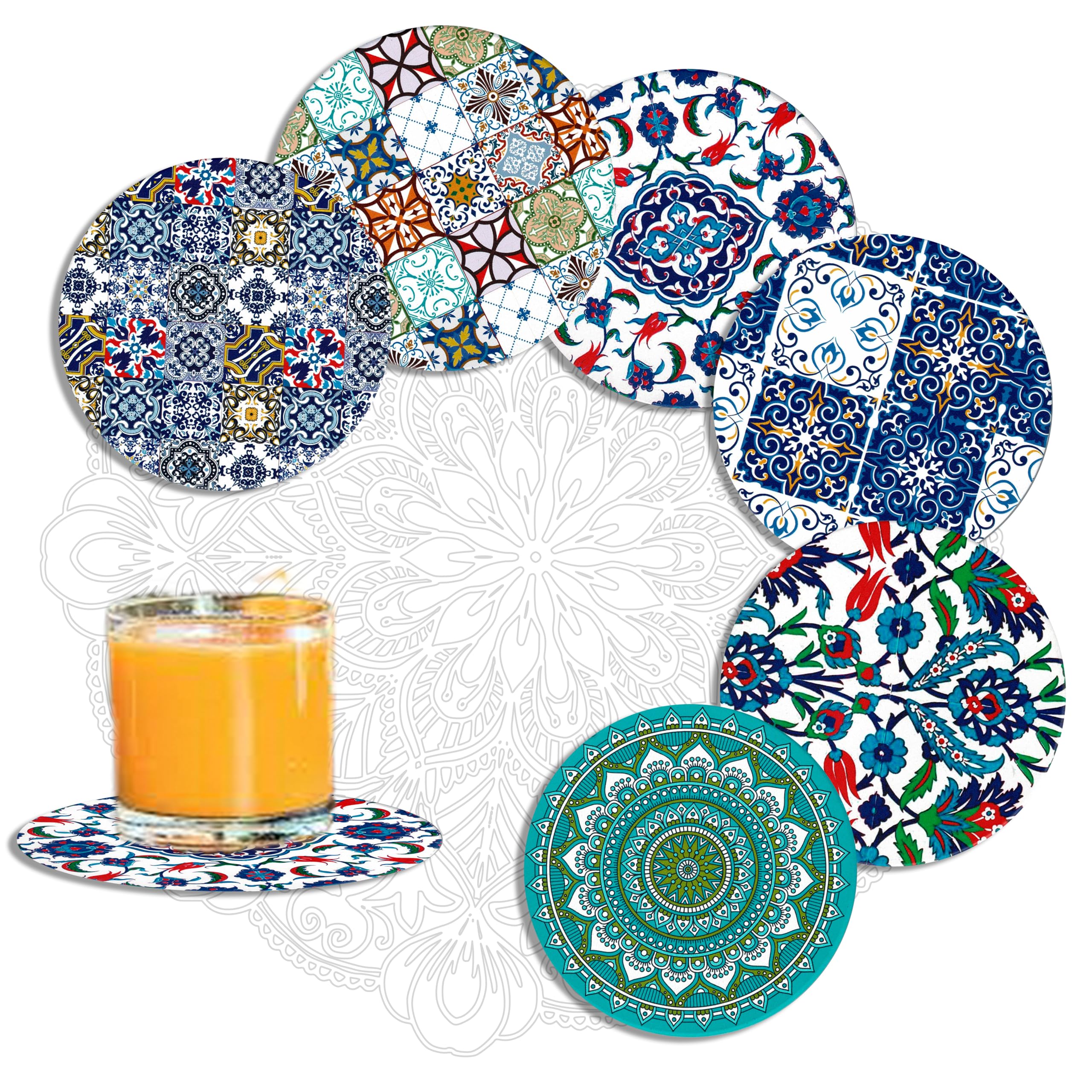MALANGI Drink Coasters Set of 6 With Stand - Ceramic Turkish Coasters - Absorbent Giftable Coaster - Non-Scratch Top & Non-Slip Cork Base (Style 5 Without Stand)