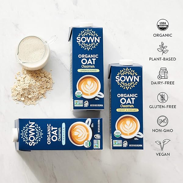 SOWN ORGANIC OAT CREAMER VANILLA – BARISTA OAT MILK NON DAIRY COFFEE CREAMER – PLANT BASED, DAIRY-FREE, VEGAN, GLUTEN-FREE, NON-GMO, SHELF STABLE – 32OZ