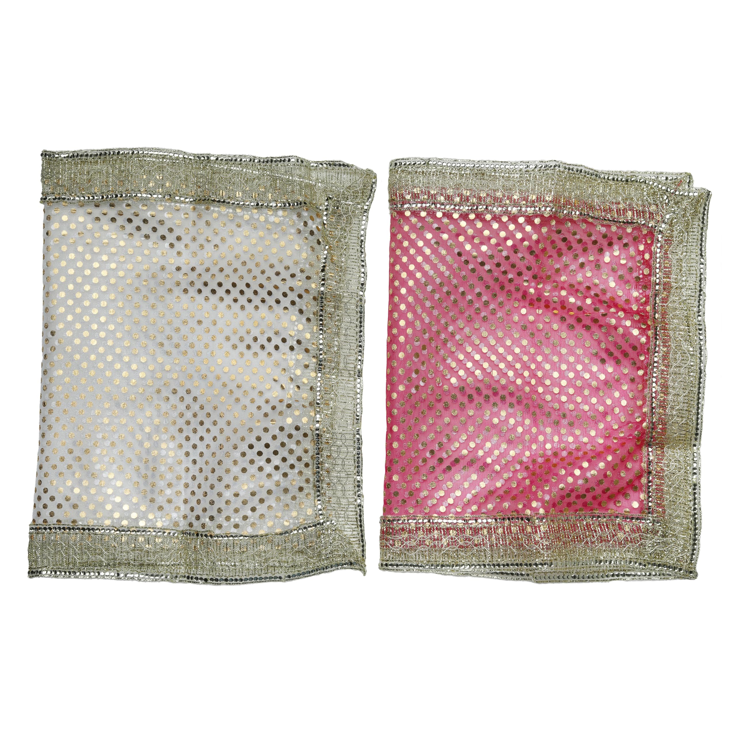 Set of 2 Chunari Chunni Chunar Decorative Silk Cloth Puja Chunni Chunar (Size :- 20 Inches x 14 Inches) Aasan Mat for Indian Traditional Navratri Festival Statue Frame Idol Temple(Off White & Pink)