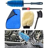 oesee Motorcycle Cleaning Brush Kit, Easy Reach Brush, Wool Wash Mitt, Stiff Tire Brush, Detailing Brush&amp; Microfiber Towel for Motorcycle Mudguard, Rims, Paint, Exhaust
