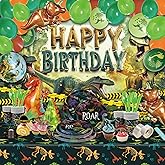 Party Spot!149 pcs Dinosaur Birthday Decorations, 12 Tableware Sets, Balloon Garland, Backdrop, Hanging Swirls, Dinosaur Birthday Party Decorations for kids