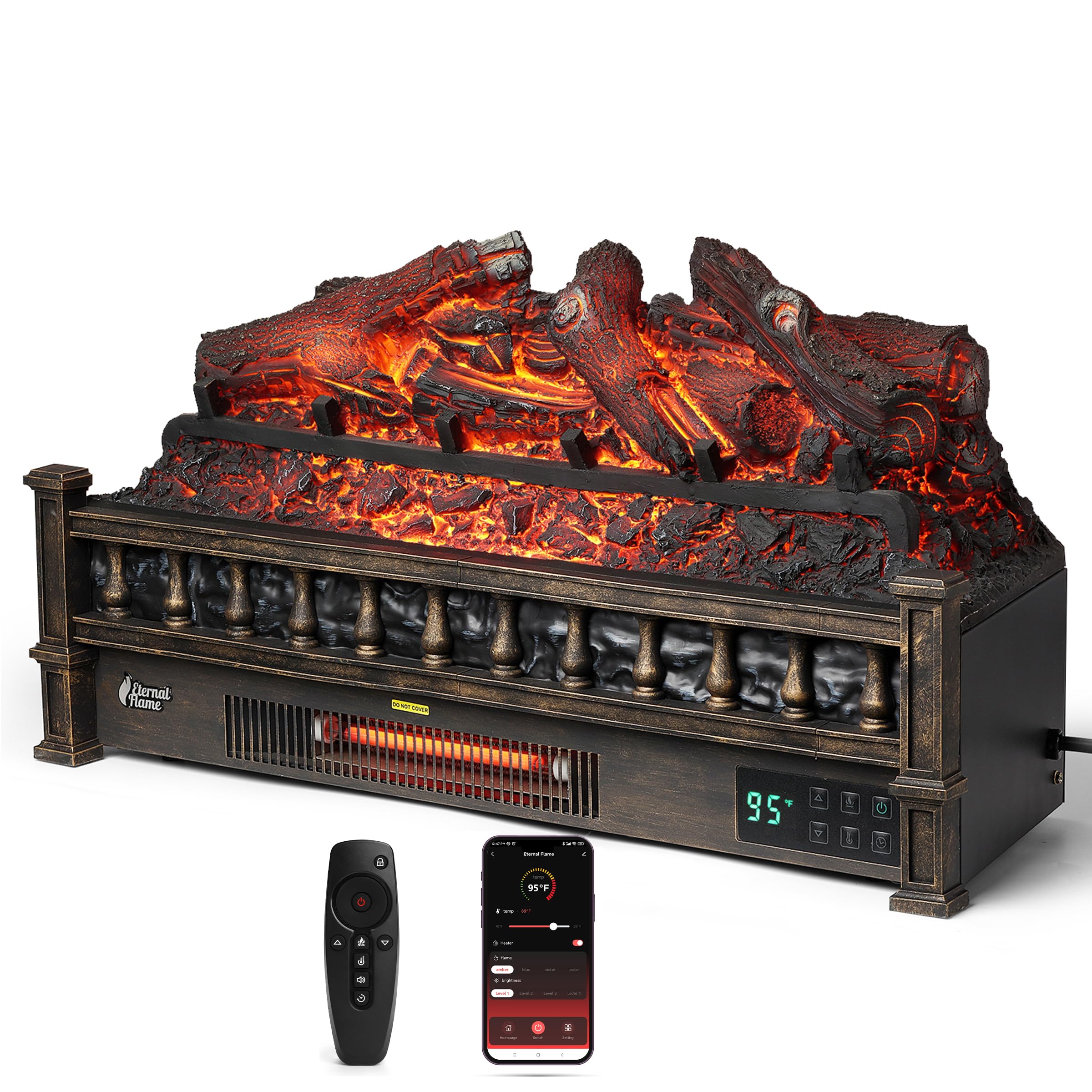 TURBRO Eternal Flame 26 in. WiFi Infrared Quartz Electric Fireplace Log Heater with Sound Crackling, Realistic Lemonwood Logs, Adjustable Flame Colors, Remote Control, Thermostat, Timer, 1500W Bronze Image TURBRO Eternal Flame 26 in. WiFi Infrared Quartz Electric Fireplace Log Heater with Sound Crackling, Realistic Lemonwood Logs, Adjustable Flame Colors, Remote Control, Thermostat, Timer, 1500W Bronze Image