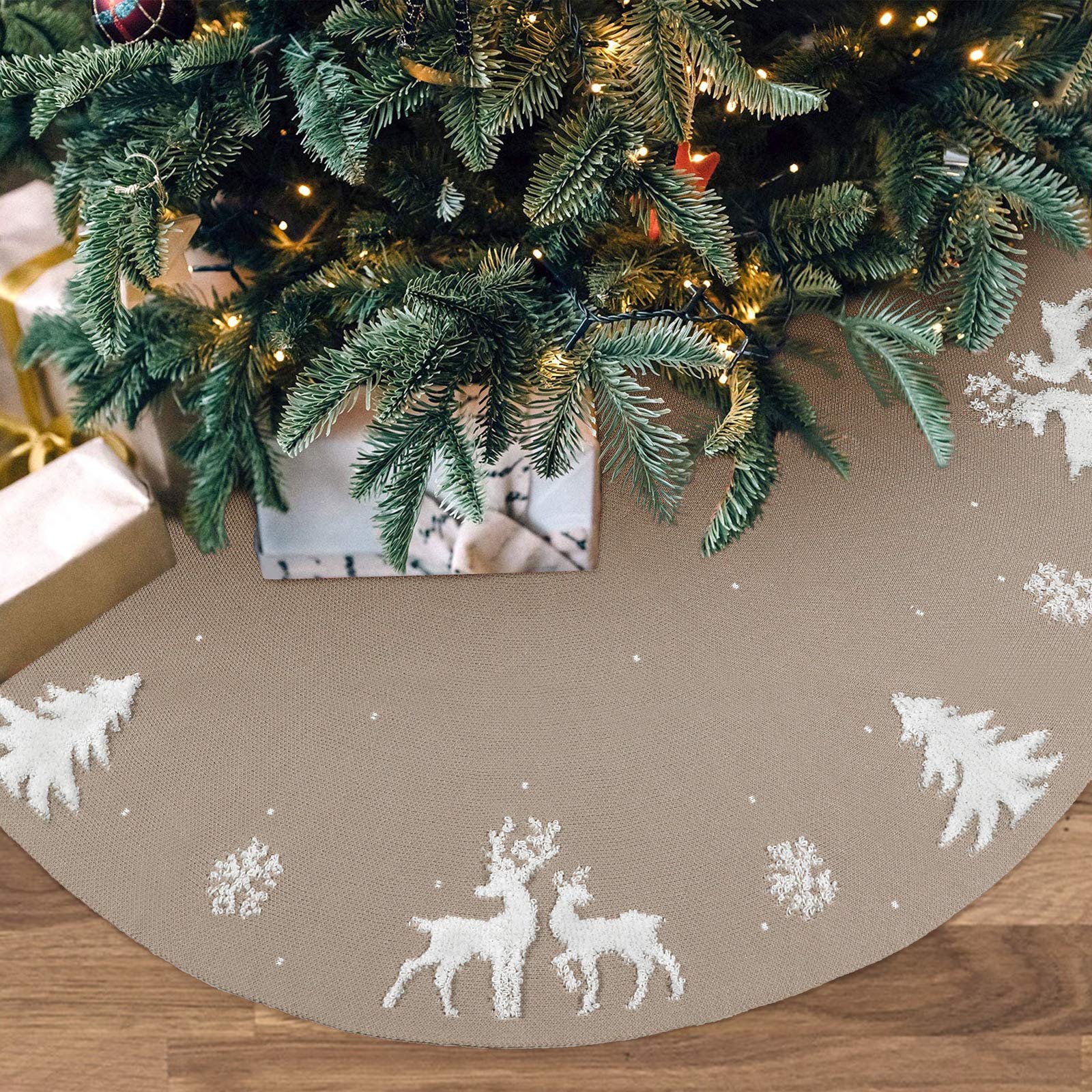 LOMOHOO Christmas Tree Skirt 48 inch Large Beige Christmas Tree Skirt With 3D Elk Snowflakes Pattern Xmas Tree Base Cover Mat Tree Skirt for Christmas Tree Decorations Holiday Party — image 1
