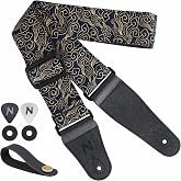 Nefelibata Guitar Strap Japan Printed Cotton Original Design Adjustable Guitar Strap with Long Leather Ends,Include Strap Button,Guitar Picks and Strap Locks(Auspicious Cloud)
