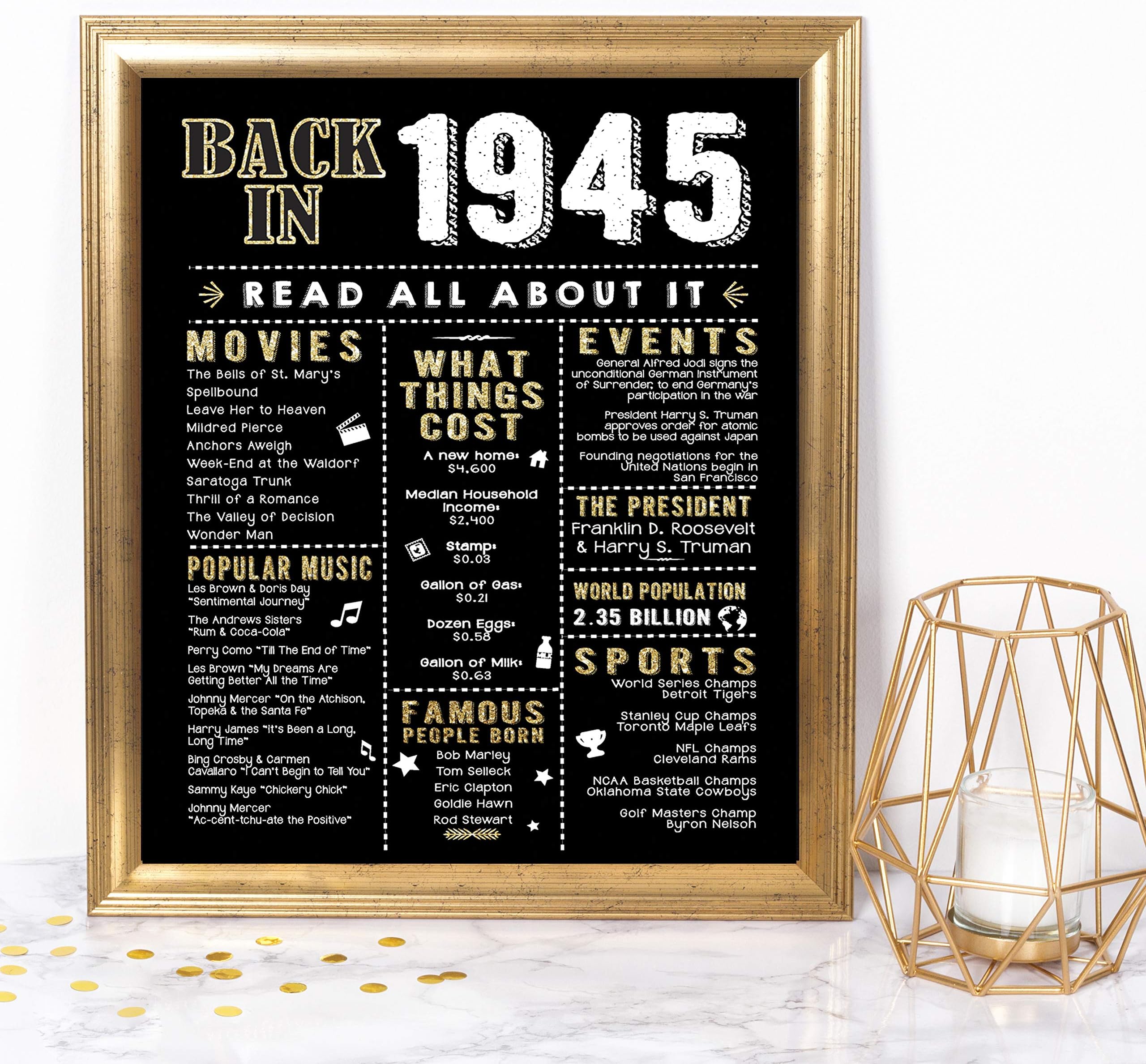 Katie Doodle 76th Birthday Party Decorations Supplies Anniversary Card Gifts for Men Women Turning 76 Years Old - Includes 8x10 Back in 1946 Print [Unframed], Black and Gold