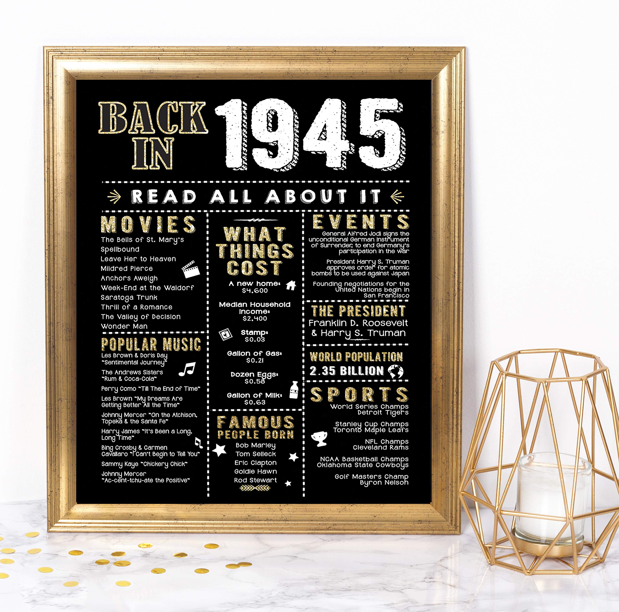 Katie Doodle 76th Birthday Party Decorations Supplies Anniversary Card Gifts for Men Women Turning 76 Years Old - Includes 8x10 Back in 1946 Print [Unframed], Black and Gold