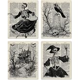 TLESKE Retro Gothic Halloween Skeleton Posters Prints Unframed Set of 4 for Teen Girls Women Dorm Bedroom Living Room, Fall Spooky Wall Art Prints Decor, Vintage Aesthetic Autumn Wall Pictures, 8x10