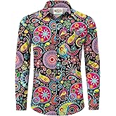 Mainfini Men's 70s Hippies Dress Shirt Floral Paisley Printed Long Sleeve Button Shirts (S-XXL)