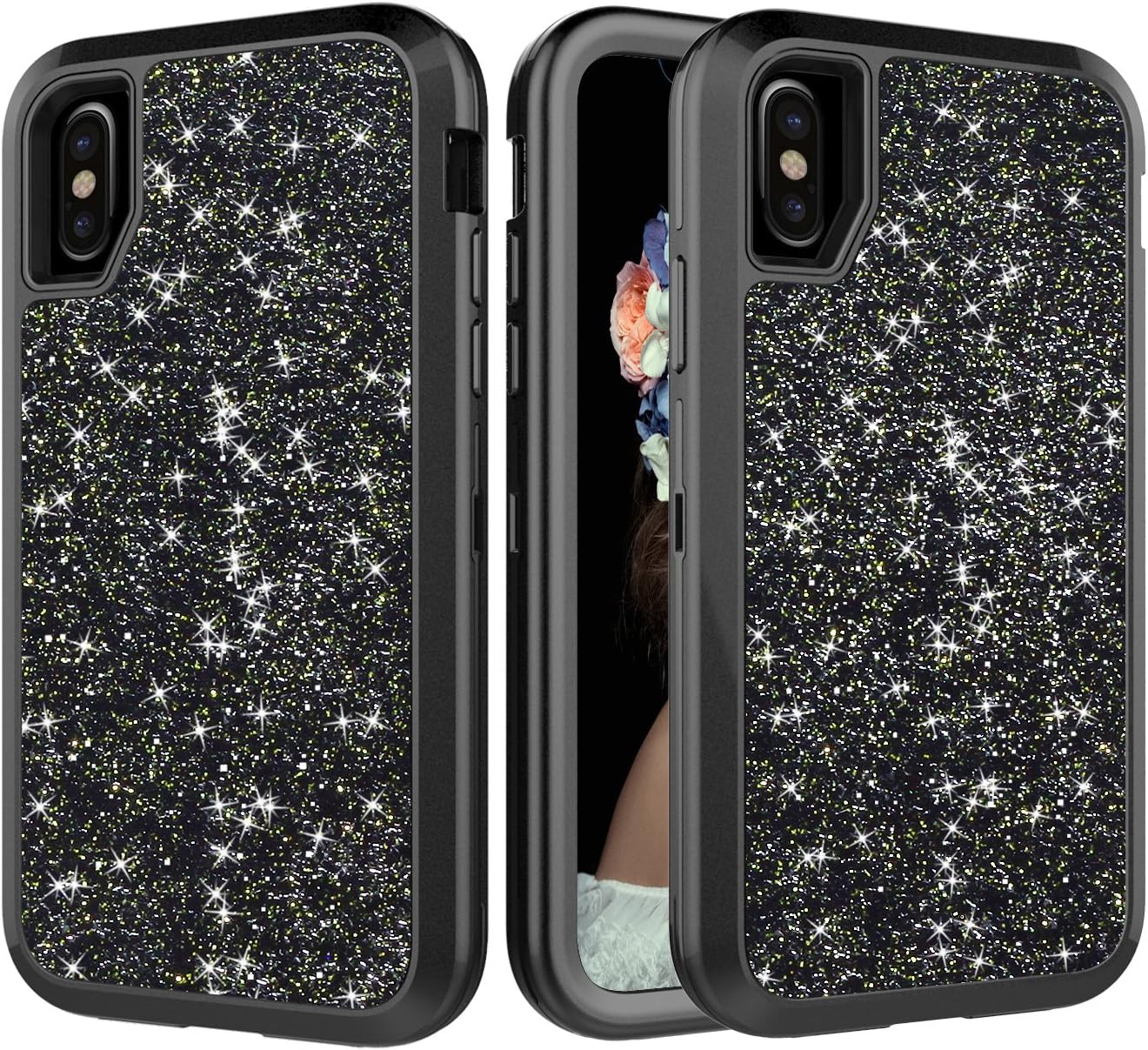 Women Case for iPhone Xs Case/iPhone X Case,Solomo Luxury Women Bling Glitter Heavy Duty Hybrid Sturdy Armor Defender High Impact Shockproof Protective Cover Girls Case for iPhone Xs / 10 (Black)