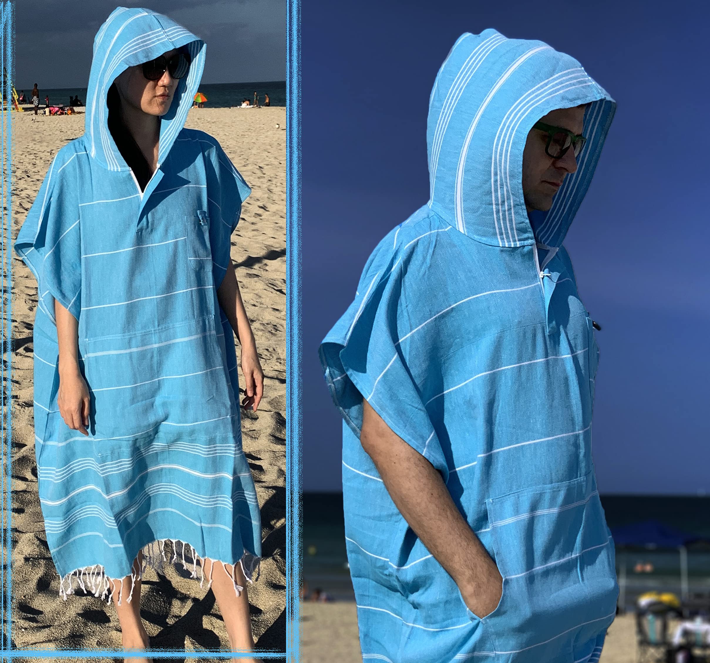 Aysesa Large Surf Poncho - Thin Turkish Cotton Beach Robe Hooded Wetsuit Changing Towel | Ultra Thin Quick Dry | Sandproof | 100% Turkish Cotton (Navy Blue, Poncho) (Turquoise, Surf Poncho)