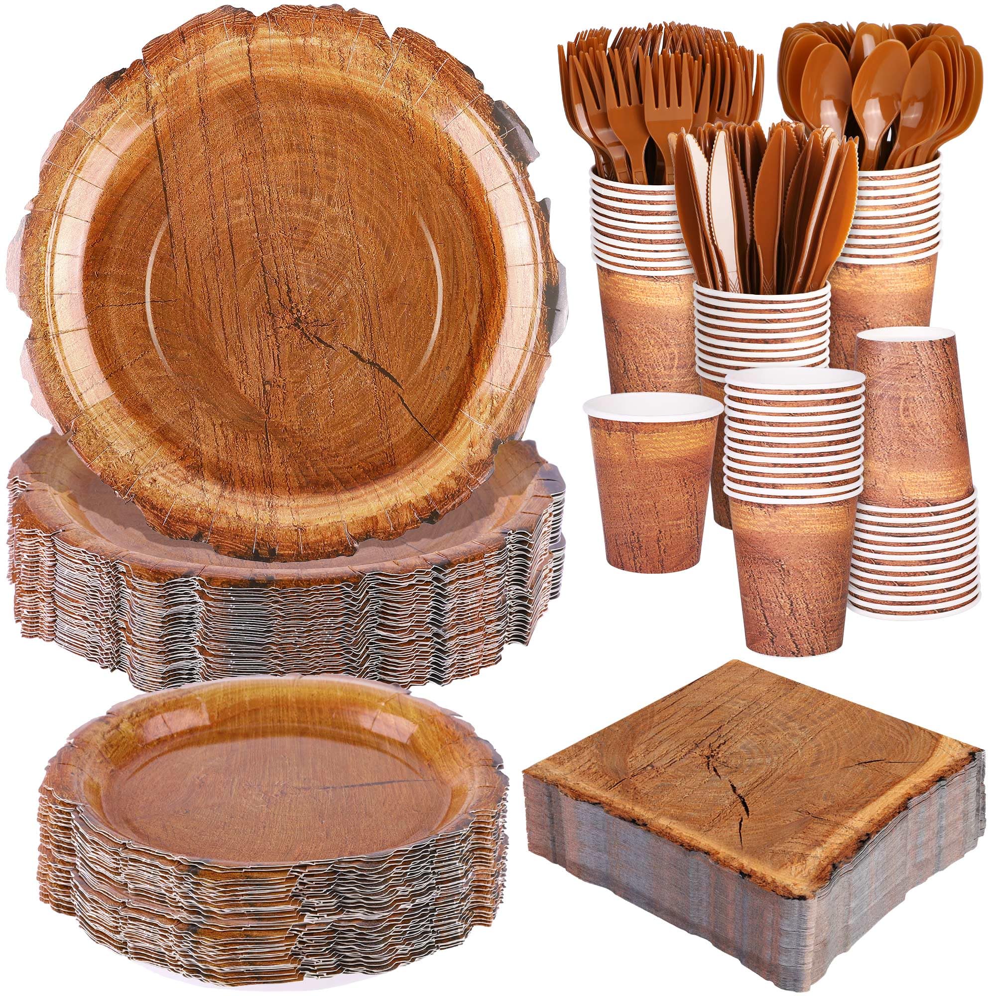 Photo 1 of Kochorie 400 Pieces Wood Grain Slice Disposable Party Tableware Sets Rustic Wood Party Supplies Including Plates Cups Napkins Cutlery Serves 50 for Camping Birthday Forest Themed Party Decorations