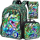 KLFVB 3PCS Dinosaur Backpack for Boys, 16" Kids Bookbag and Lunch Box, Preschool Backpacks for Elementary Students