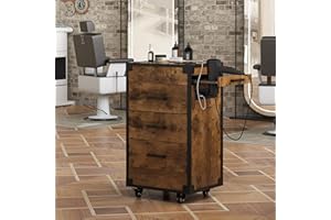 RESHABLE Rolling Station for Hair Stylist, Salon Trolley Cart for Extra Storage Space, Salon Charging Station with Power Outlets for Barbershop Bathroom, Rustic Brown