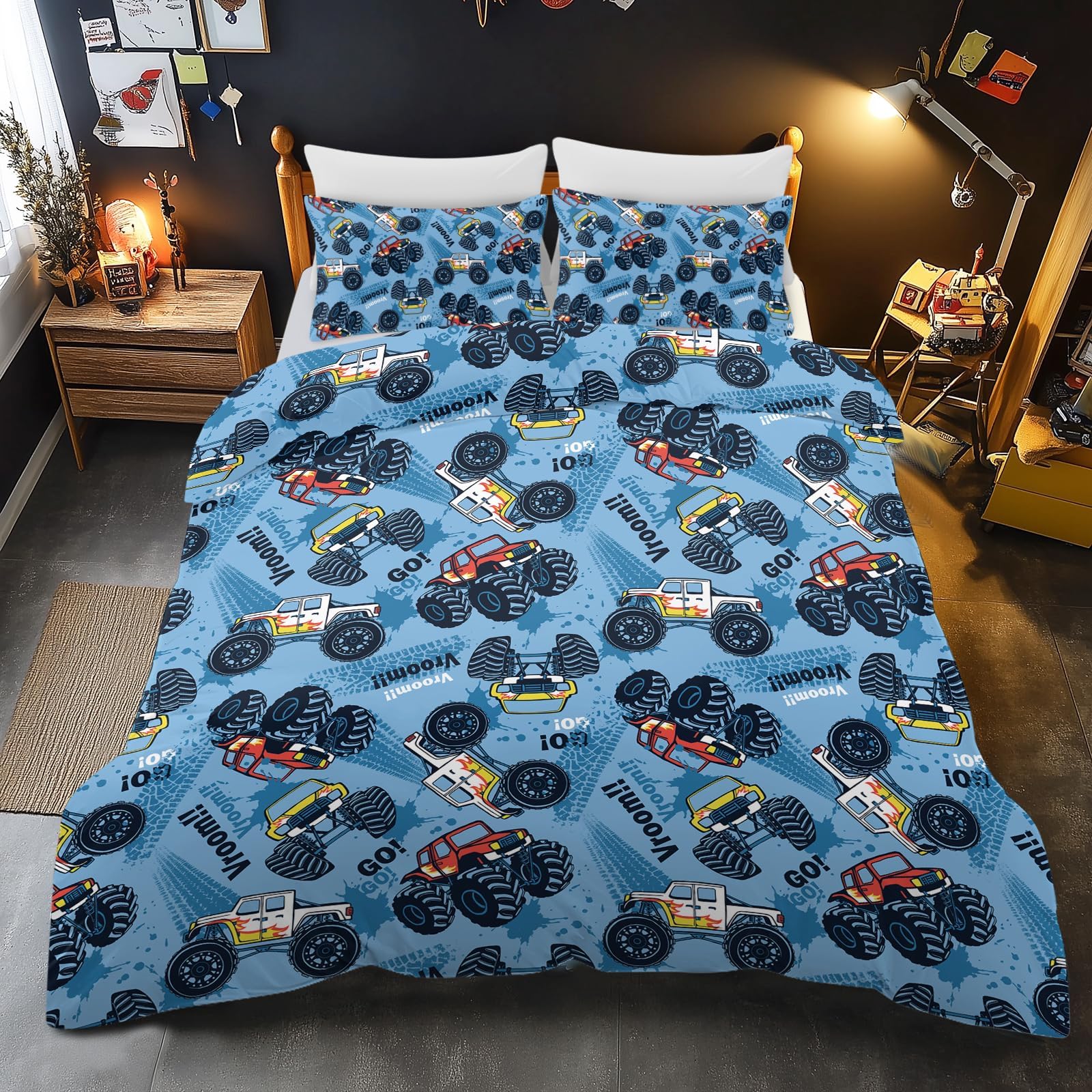 BlessLiving Kids' Duvet Cover Set: Premium Brushed Microfiber Monster Truck Cars Bedding Set - 3-Piece Comfy Cute Vehicles Pattern Single Quilt Cover for Teens Boys Bedroom