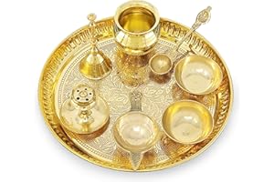 BENGALEN Brass Puja Thali Set 8 Inch Pooja Thali with Pital Design Plate Kalash Chandan Wati Dhup Dan Diya Ghanti Palli Arti Thali for Diwali Home Office Mandir Wedding Return Gift Items