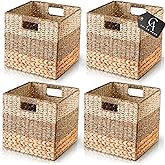 CHI AN HOME 12x12 Storage Cube Bins Wicker Storage Basket for Cube Shelf, Natural Foldable Square Baskets for Storage, Large Woven Cube Storage Bin with Handle, Baskets for Pantry, Bedroom Set of 4