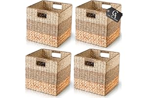 CHI AN HOME 12x12 Storage Cube Bins Wicker Storage Basket for Cube Shelf, Natural Foldable Square Baskets for Storage, Large Woven Cube Storage Bin with Handle, Baskets for Pantry, Bedroom Set of 4