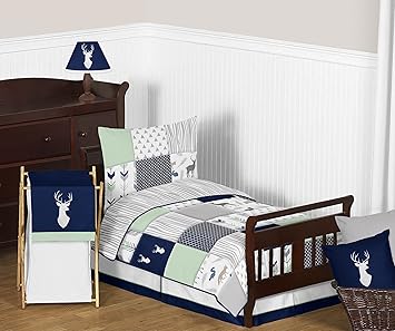 Amazon Com Navy Blue Mint And Grey Woodsy Deer Boys Toddler Bedding 5 Piece Comforter Sheet Set Baby
