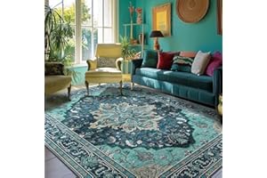 RELEANY Area Rugs 8'x10' Washable Non-Slip, Floral Vintage Distress Print Pattern Medallion Carpet for Living Room Bedroom Dining Room, Teal Green Lake Blue