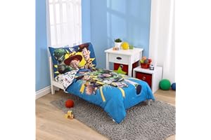 NoJo Disney Toy Story Taking Action Blue, Green and Yellow 4 Piece Toddler Bed Set - Comforter, Fitted Bottom Sheet, Flat Top Sheet, and Reversible Pillowcase