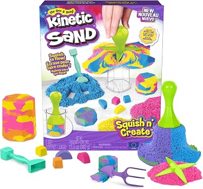 Kinetic Sand Squish N’ Create 382g Blue Yellow Pink 5 Tools Moulds