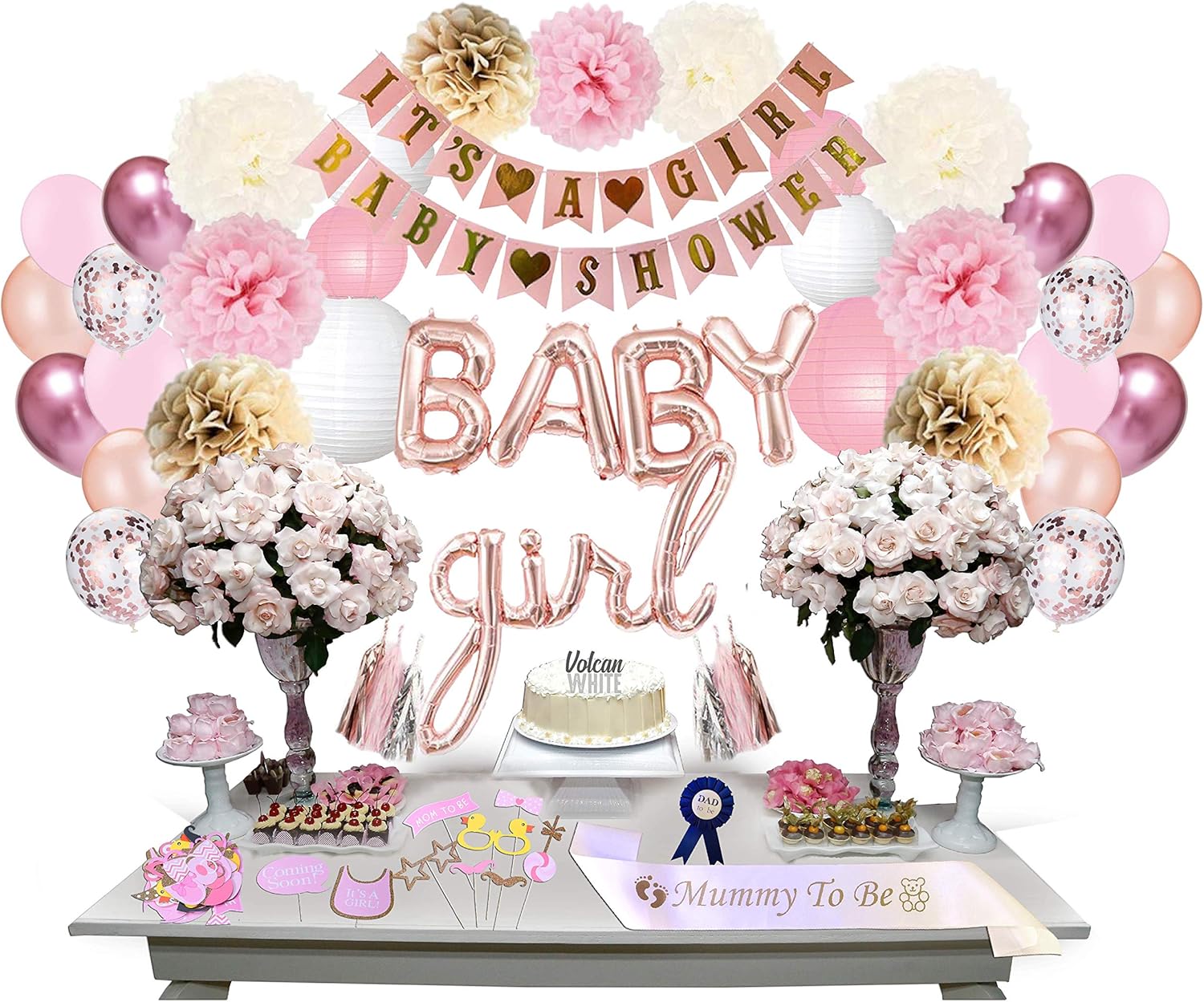 Baby Shower Decorations for girl Pink and Gold, It's A Girl Banner, Baby Girl Foil