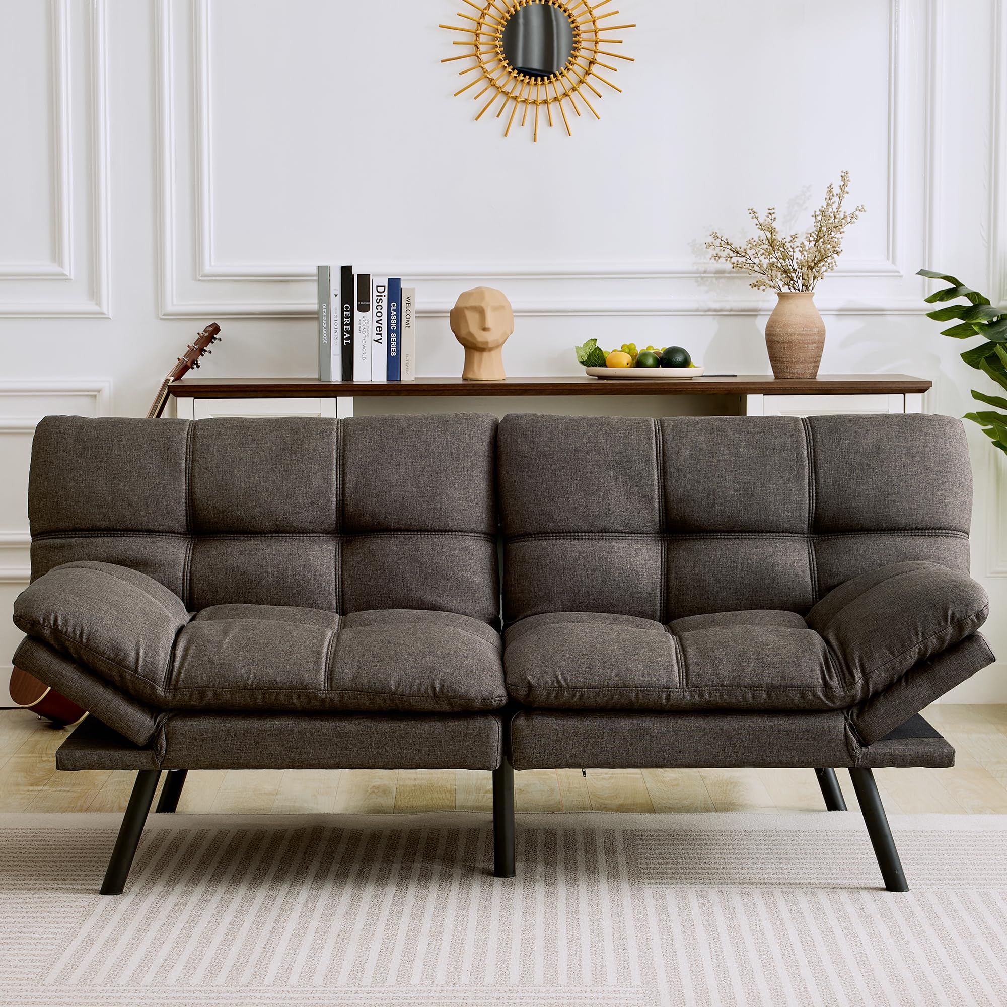 Photo 1 of Amazon Basics Futon Sofa Bed, Convertible Memory Foam Sofa Couch Modern Loveseat Sleeper for Small Compact Living Room,Office,Apartment,Dark Grey Linen Fabric