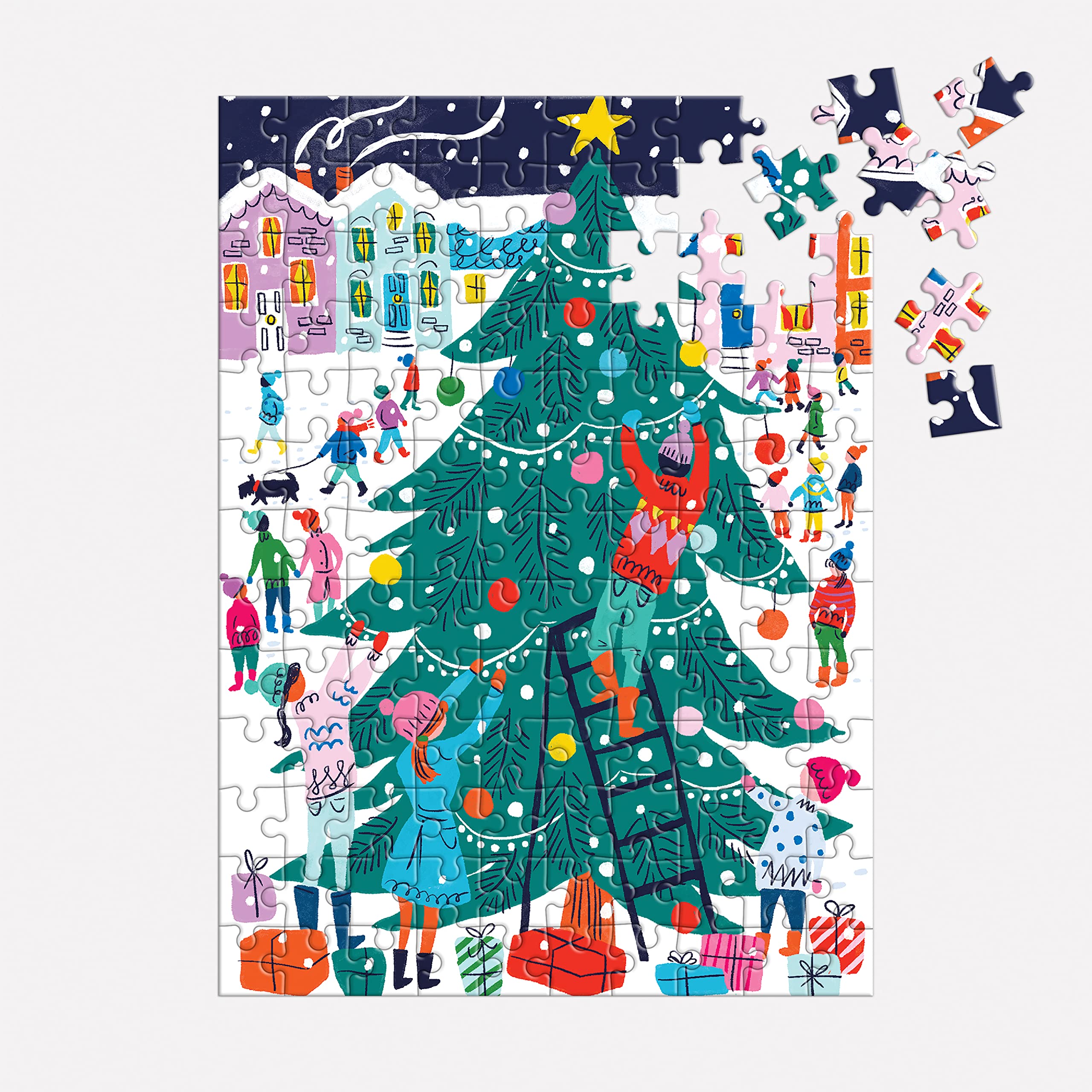 Galison Tree Decorating – 130 Piece House Shaped Puzzle Ornament Featuring Outdoors Tree Decorating Moment Under The Stars