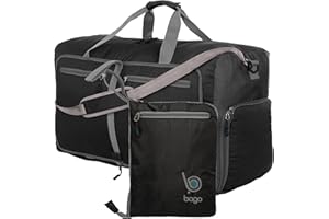 Bago Foldable Duffel Bags for Traveling Women & Men - 60L Medium Packable Duffle Bag for Travel with Shoe Compartment - Water Repellant, Heavy Duty, Lightweight Folding & Collapsible (Black)