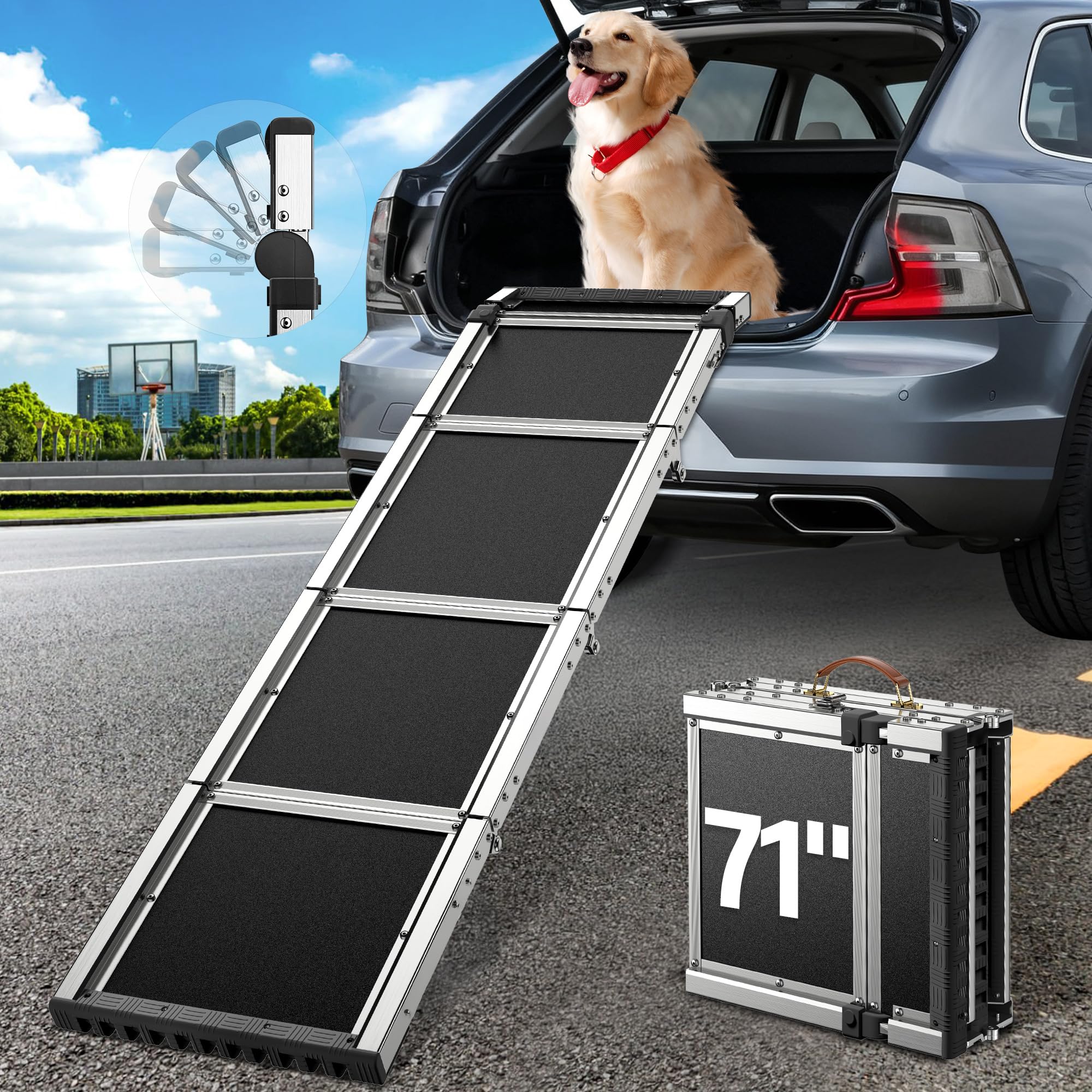 Photo 1 of ???? ???????? Dog Ramp for Car (330 lbs), Extra L71” W17” Folding Pet Ramp for Large Dogs 90° Adjustable Head, Outdoor Anti-Slip Foldable Dog Car Ramps for SUV Truck Side Door