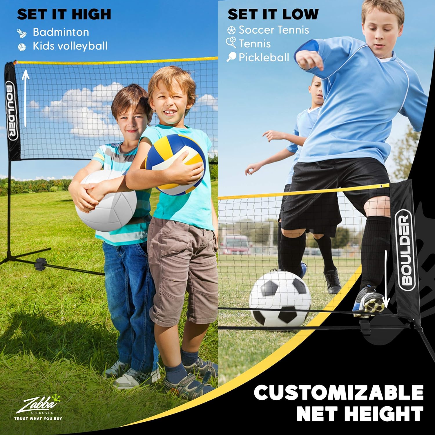 Boulder Portable Badminton Net Set - for Tennis, Soccer Tennis, Pickleball, Kids Volleyball - Easy Setup Nylon Sports Net with Poles : Sports & Outdoors