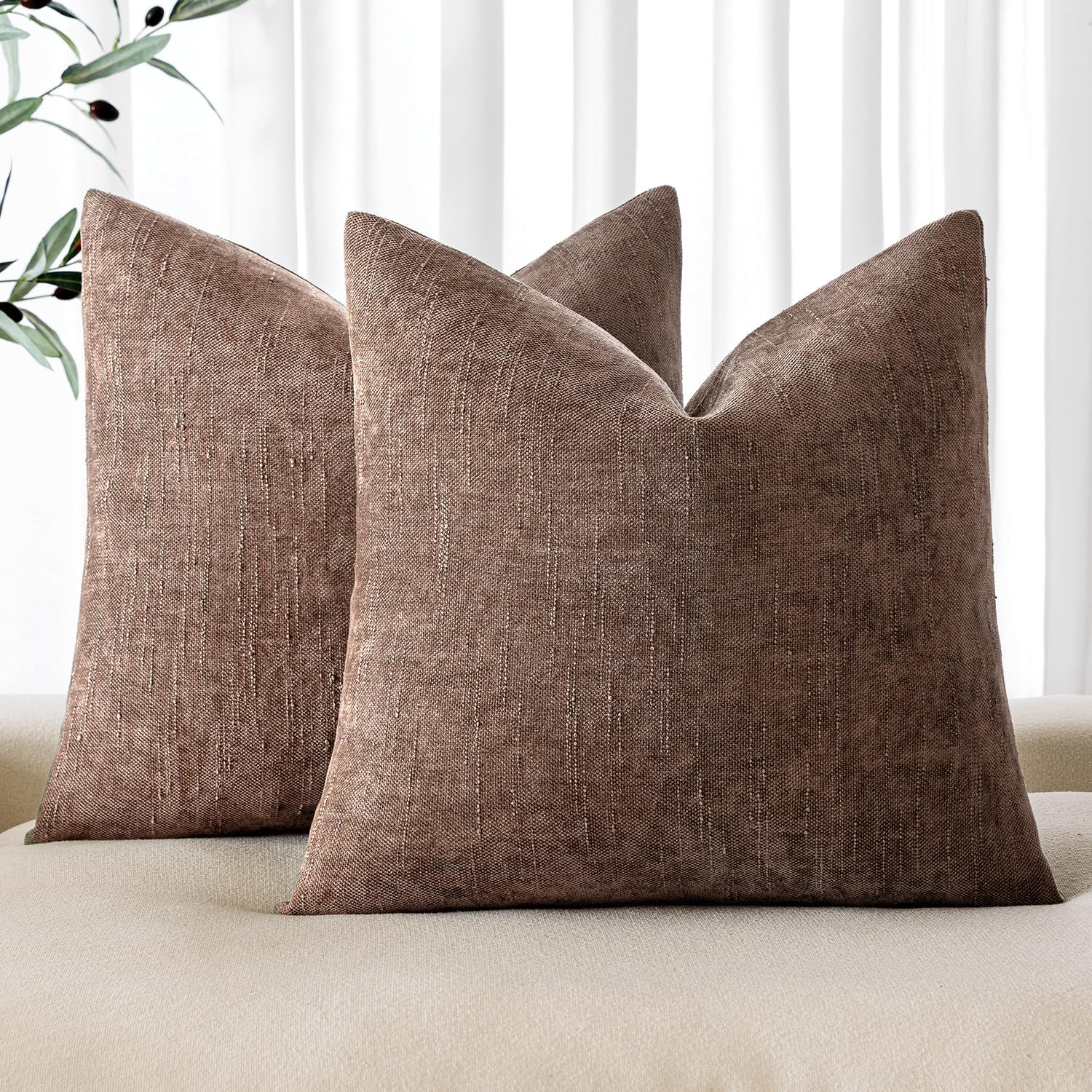 Photo 1 of MIULEE Pack of 2 Decorative Throw Pillow Covers Soft Chenille Euro Throw Pillows Solid Textured Cushion Covers for Couch Sofa Bedroom Living Room 24x24 Inch, Chocolate