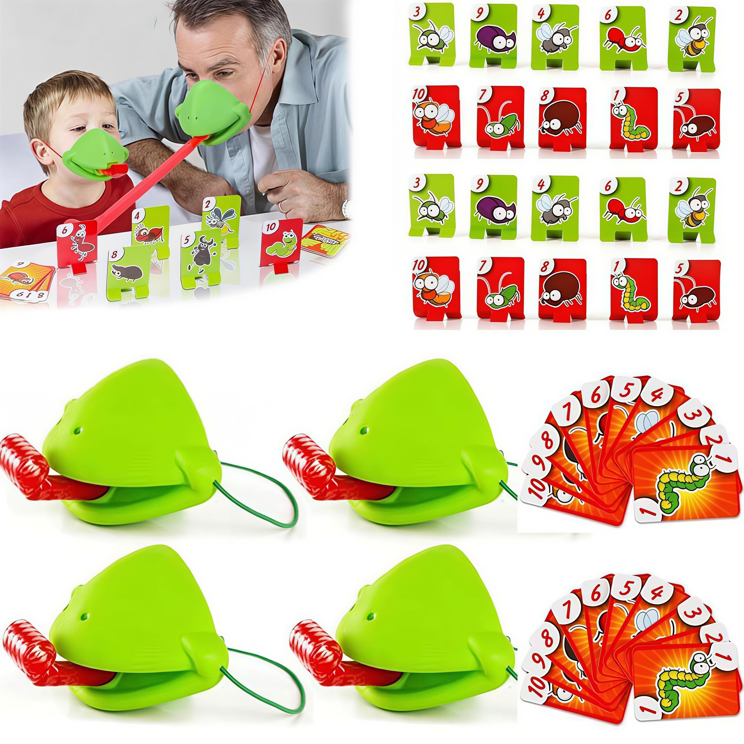 Frog Tongue Board Game, Frog Mask with Blow Tongue, Lizard Tongue Game, Interactive Frog Toy for Family Game Nights and Children's Parties, Improves Hand-Eye Coordination (4PCS)