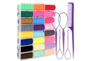 TASHOW 360 Pcs Baby Hair Ties, 24 Colors Cotton Toddler Hair Ties with Organizer Box, 1 Inch Seamless Baby Hair Bands for Toddler Girls, Soft Elastic Ponytail Holders with 5 Hair Loop Styling Tools