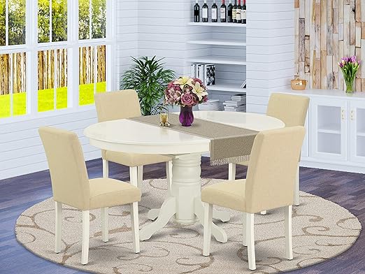 Amazon Com East West Furniture 5pc Oval 42 60 Table With 18 In Self Storing Butterfly Leaf And 4 Parson Chair White Leg And Linen Fabric Light Beige 5 Furniture Decor