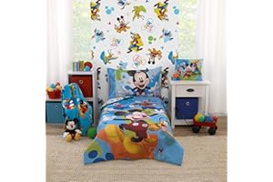 NoJo Disney Mickey Mouse Blue, Red, and Green, Donald Duck, Pluto, and Goofy, Fun Starts Here 4 Piece Toddler Bed Set - Comforter, Fitted Bottom Sheet, Flat Top Sheet, and Reversible Pillowcase