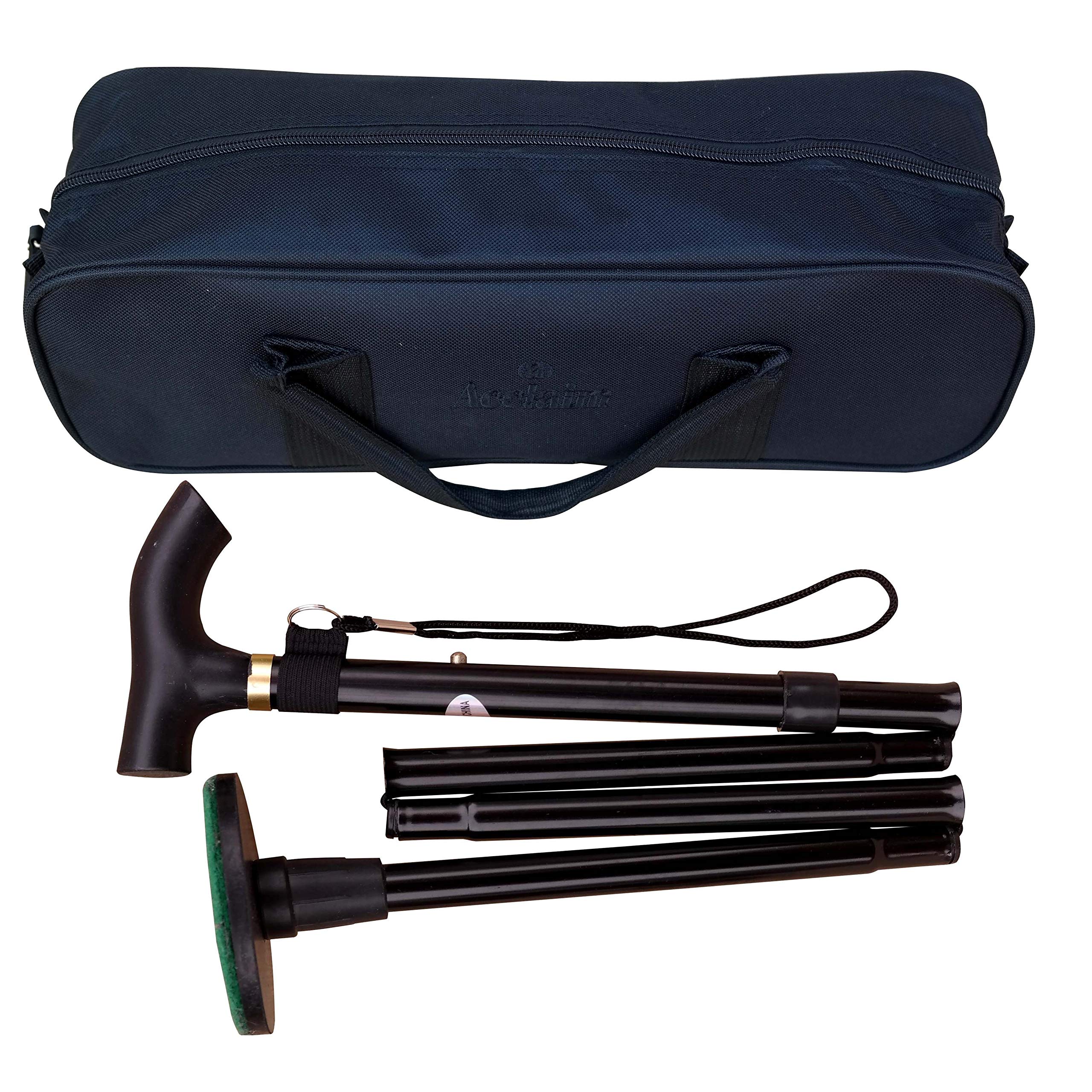 Acclaim Bowlers 33"-37" Lawn Bowls Plain Metal Folding Walking Stick & Green Protector With Green Synthetic Felt Base In Carrying Bag (Black)