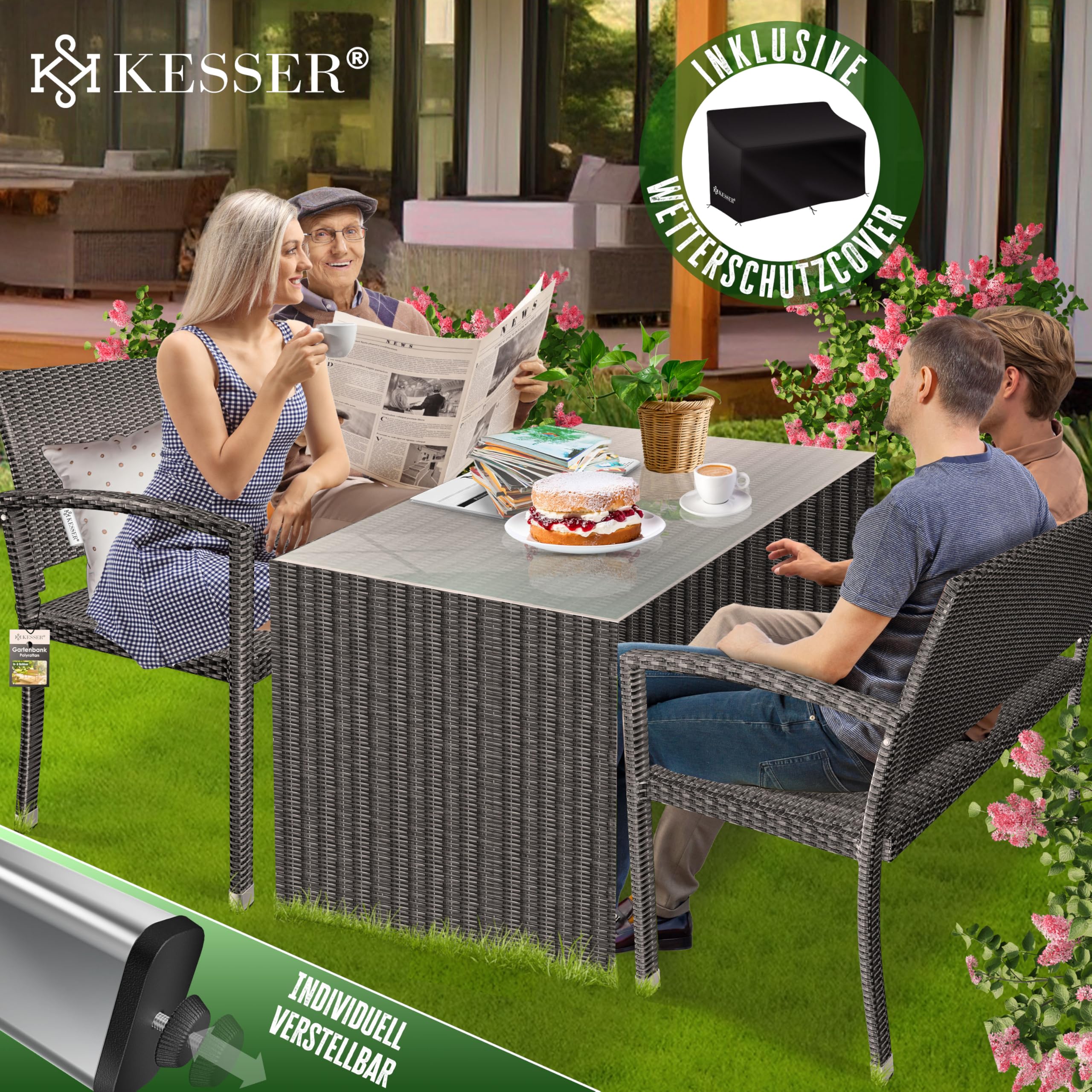 KESSER® Gartenbank Polyrattan 2-Sitzer Wetterfest | Rattan Sitzbank UV-Beständig bis 320kg belastbar | Balkon Bank 125x62x90cm Garten-Möbel mit Cover & ergonomischen Armlehnen für 2 Personen Anthrazit 5