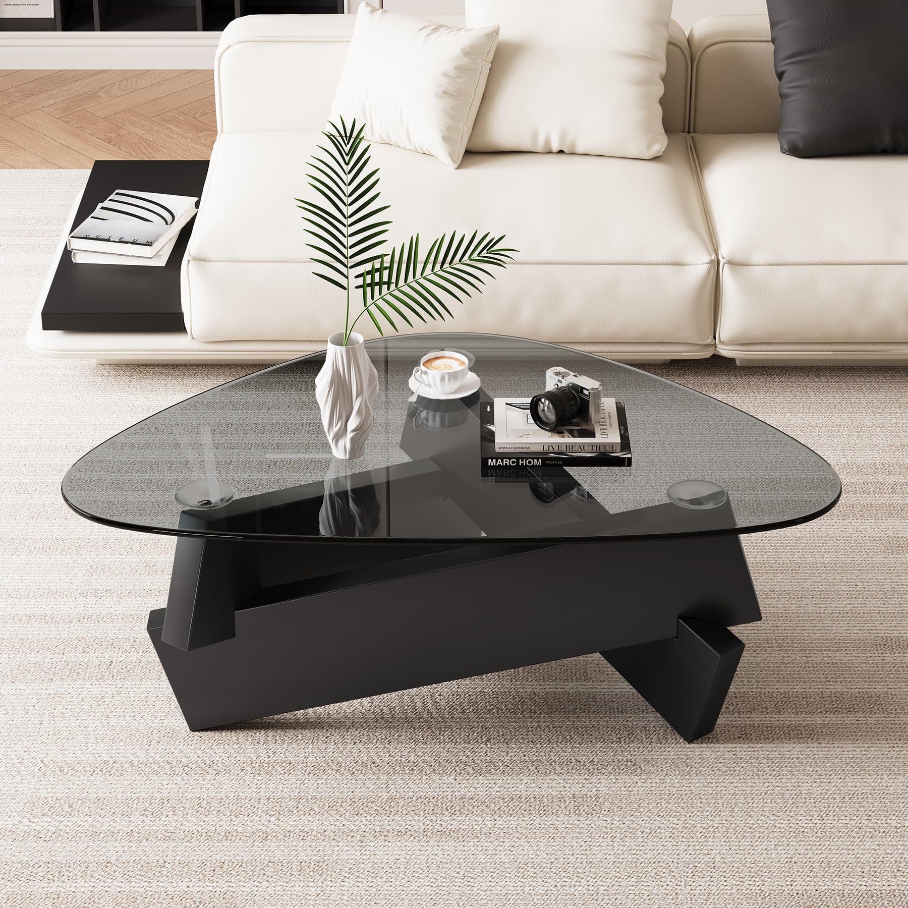 View 1 of ***.***Black Coffee Table for Living Room 35.5'' x 27.5'' x 15.7'' Modern Glass Triangle Center Table with Tempered Glass Top, Cool Solid Wood Tea Table for Small Spaces & Home Office