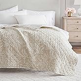 Martha Stewart - Blanket, Quilted Cotton Throw Blanket, Incredibly Soft & Oversized Bedding for Couch or Bed (Layered Branches Beige, 50" x 70")