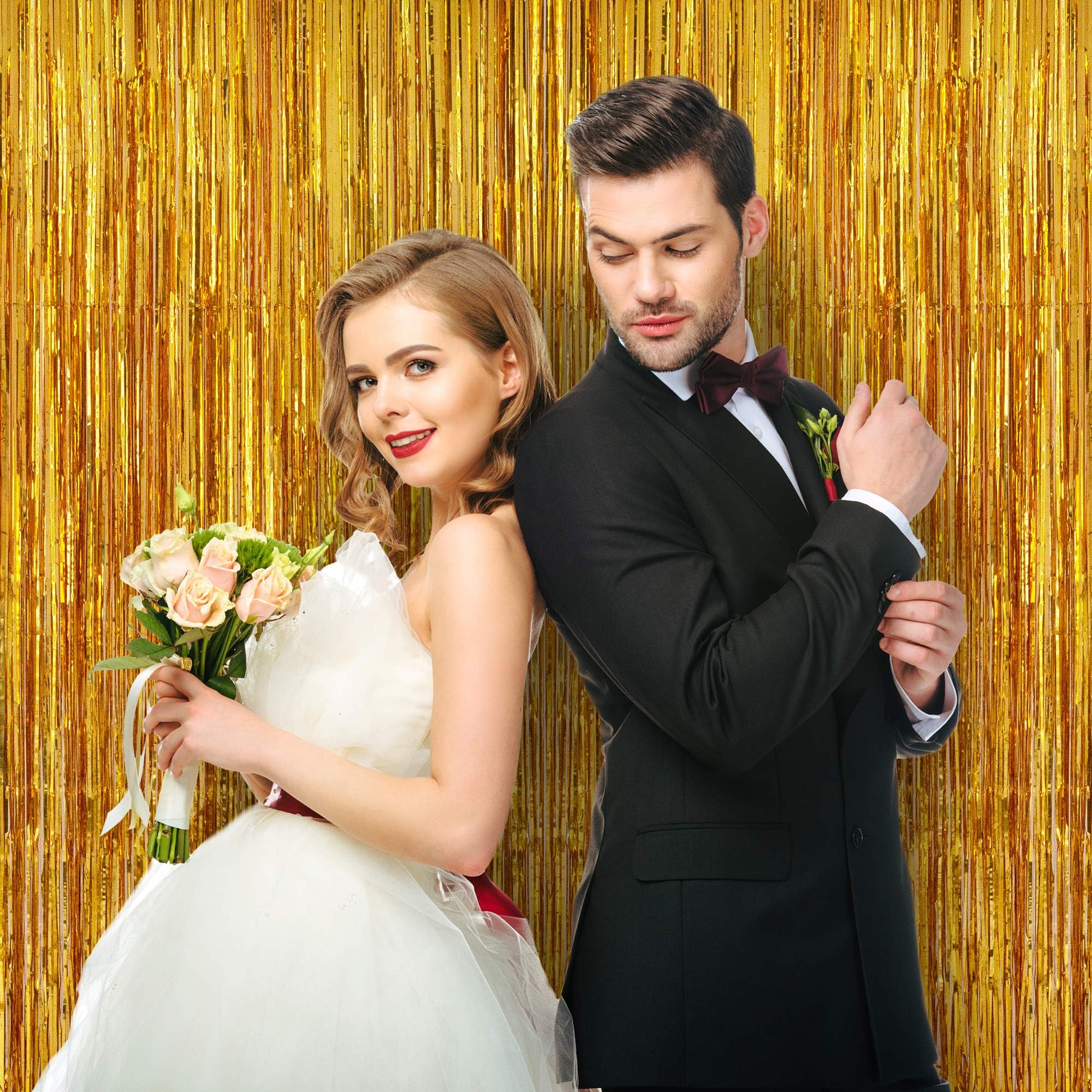 Party Day 4pcs Foil Fringe Curtains for Wedding | Streamer Photo Booth Backdrop | Engagement Backdrop Curtains (Gold)