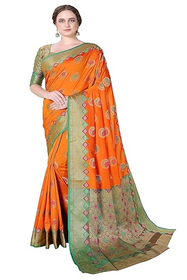 Cotton Shopy Womens Banarasi Cotton & Art Silk Blend Saree with Unstitched Blouse Piece