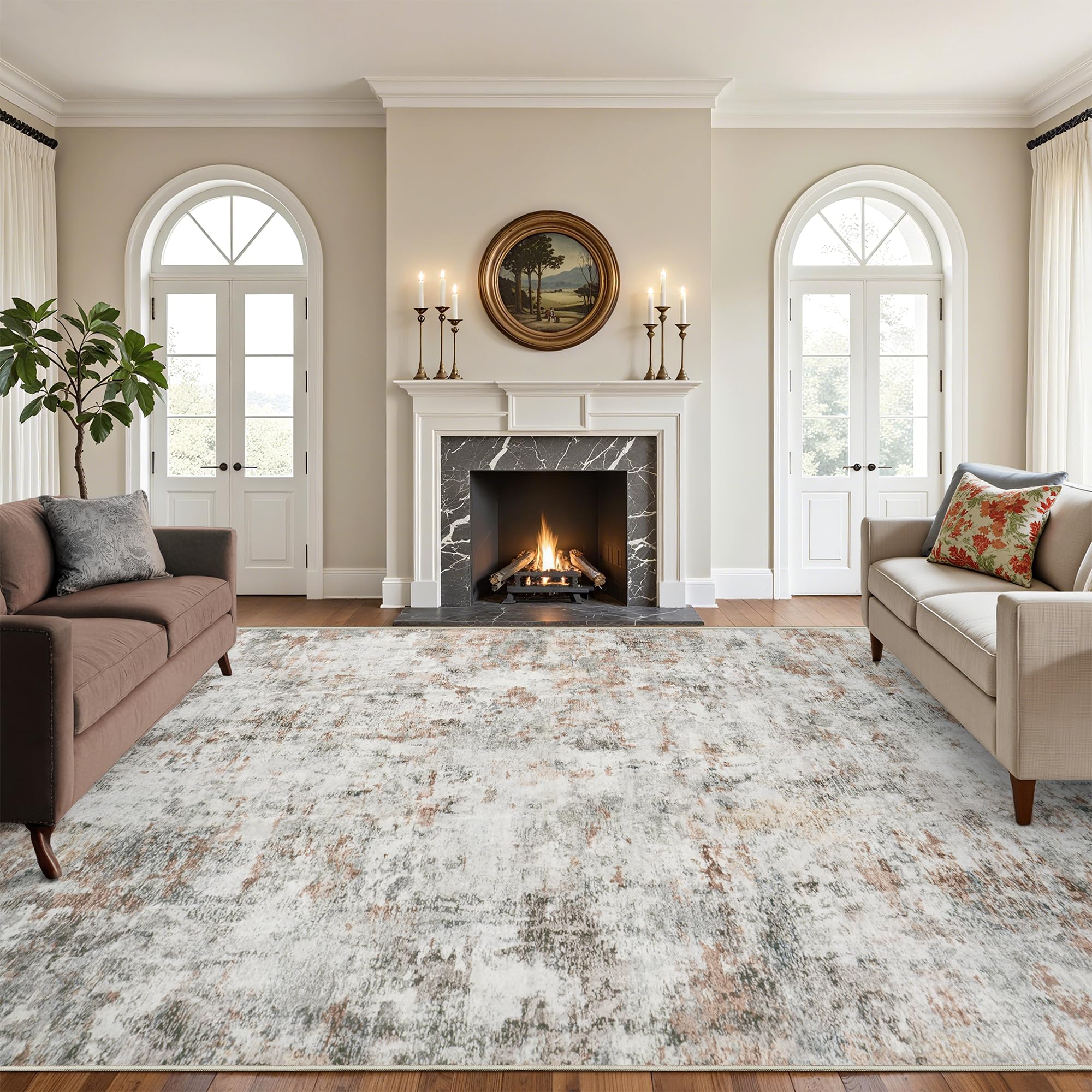 Miukiki 8x10 Area Rugs, Modern Abstract Washable Rug for Living Room, Stain Resistant Non-Shedding Distressed Area Rug with Non Slip Backing for Bedroom (Beige Rust Red, 8'x10') Image