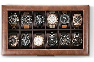 Glenor Co Watch Box for Men - 12 Slot Luxurious & Masculine Watch Case, Sturdy Hinges, Large Watch Holder, Glass Top Watch Organizer for Men - Metal Accents - PU Leather Brown